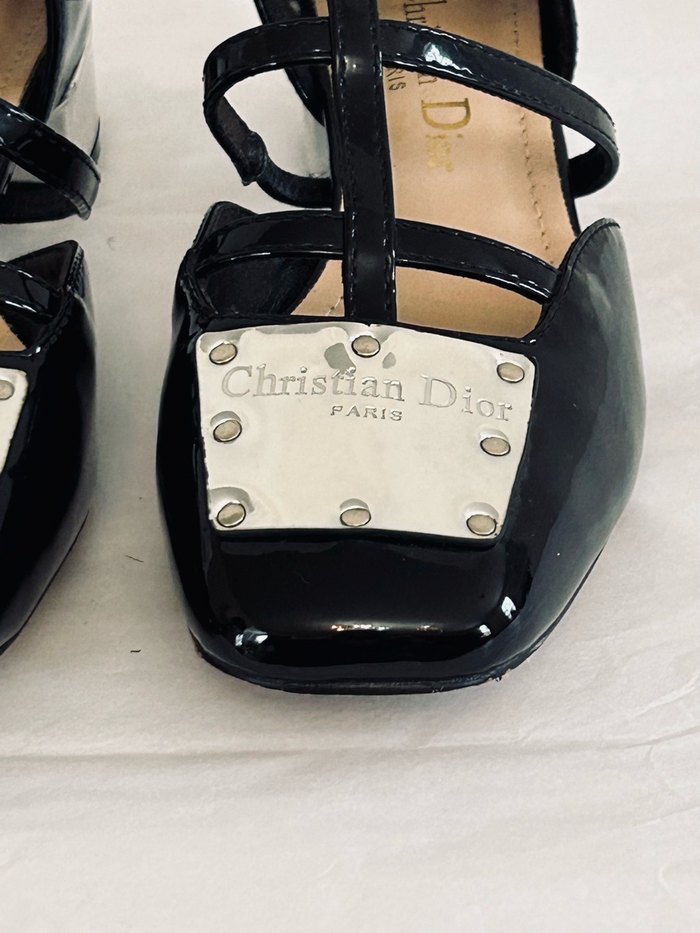 Christian Dior Patent Leather Strappy Mary Jane's w/ Silver Leather Name Plate - Picture 2 of 11